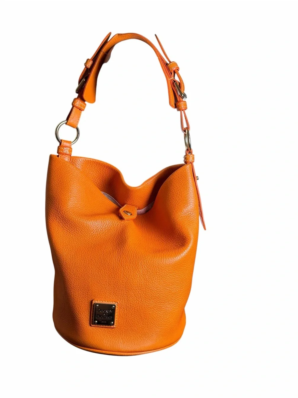 Dooney & Bourke Orange Pebbled Leather Bucket Hobo Shoulder Bag Y2K Pink Lining